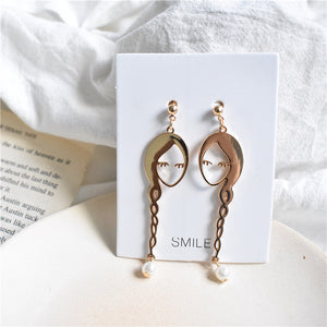 Gold Color Hollow Long Hair Girls Face Imitation Pearl Drop Earrings Metal Cute Human Figure Long Dangle Earrings Woman Jewelry