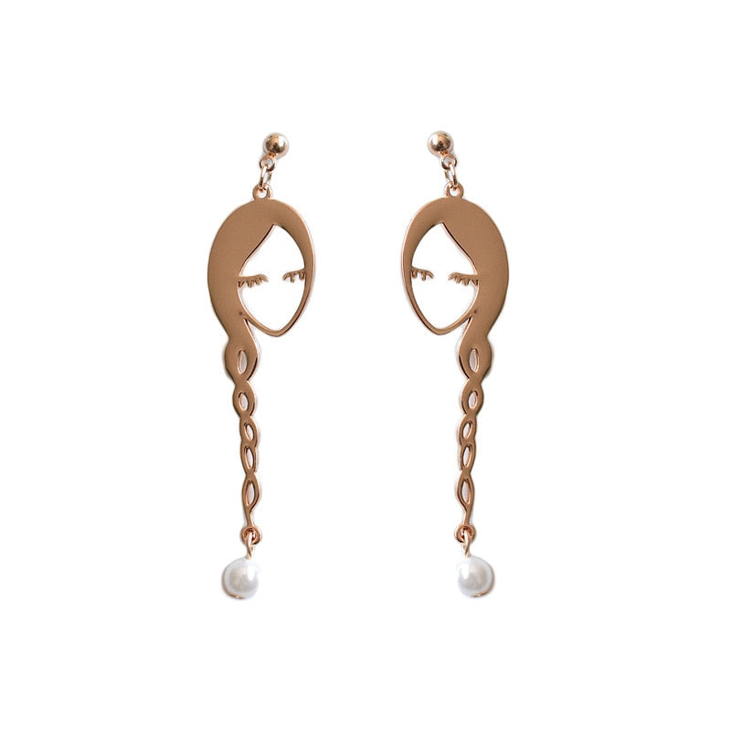 Gold Color Hollow Long Hair Girls Face Imitation Pearl Drop Earrings Metal Cute Human Figure Long Dangle Earrings Woman Jewelry