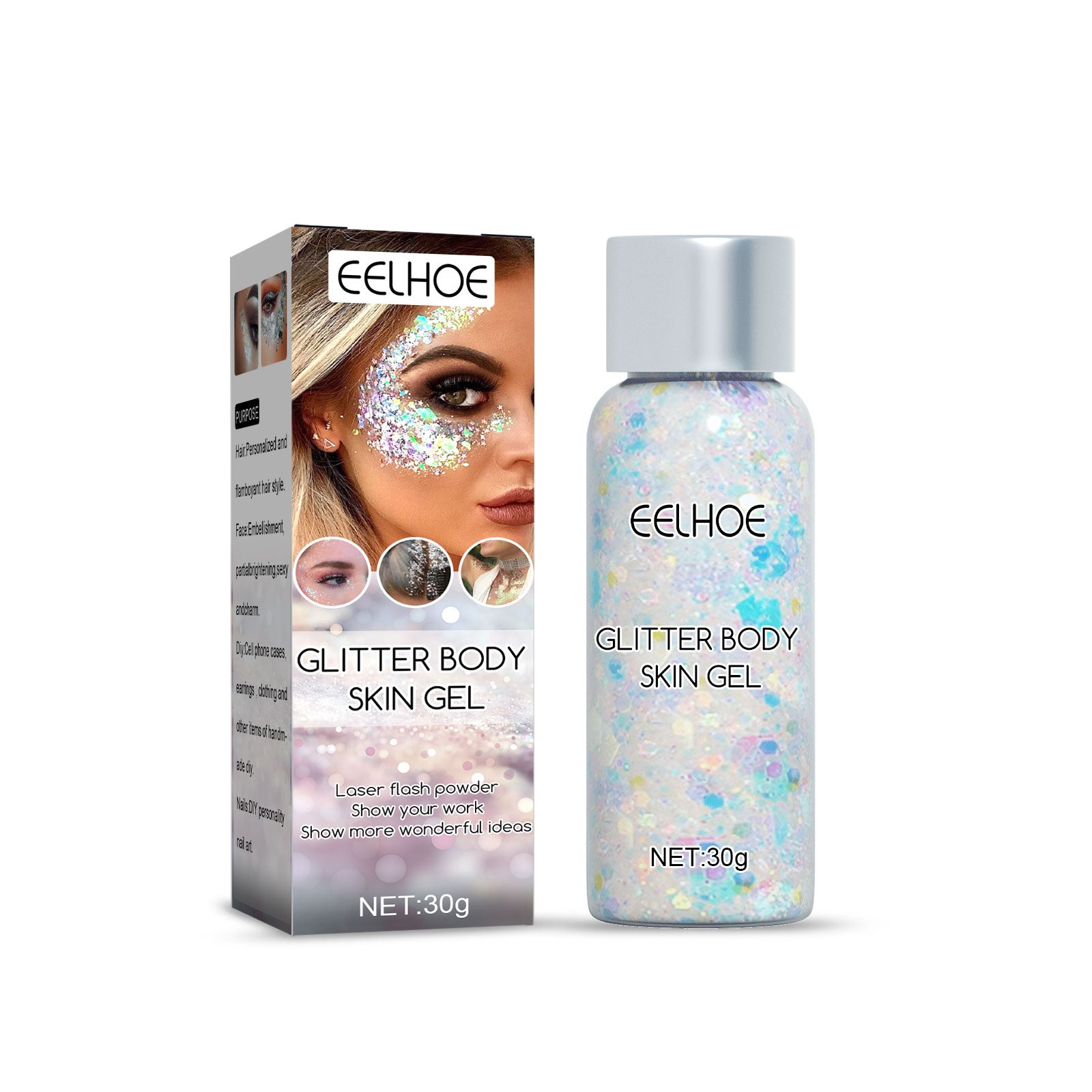 EELHOE Shining Body Skin Gel (White) Makeup Fish Scale Sequin Gel Sequin Stage Performance Makeup Props Eyeshadow